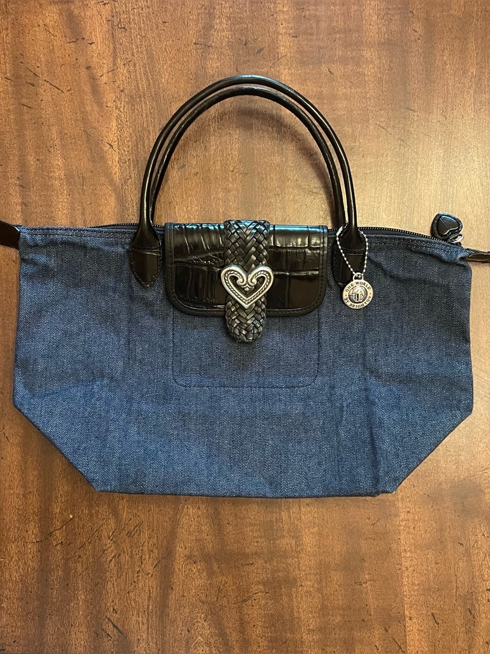 EUC Brighton One World Denim Foldable Handbag - Black Leather Trim - Heart Clasp